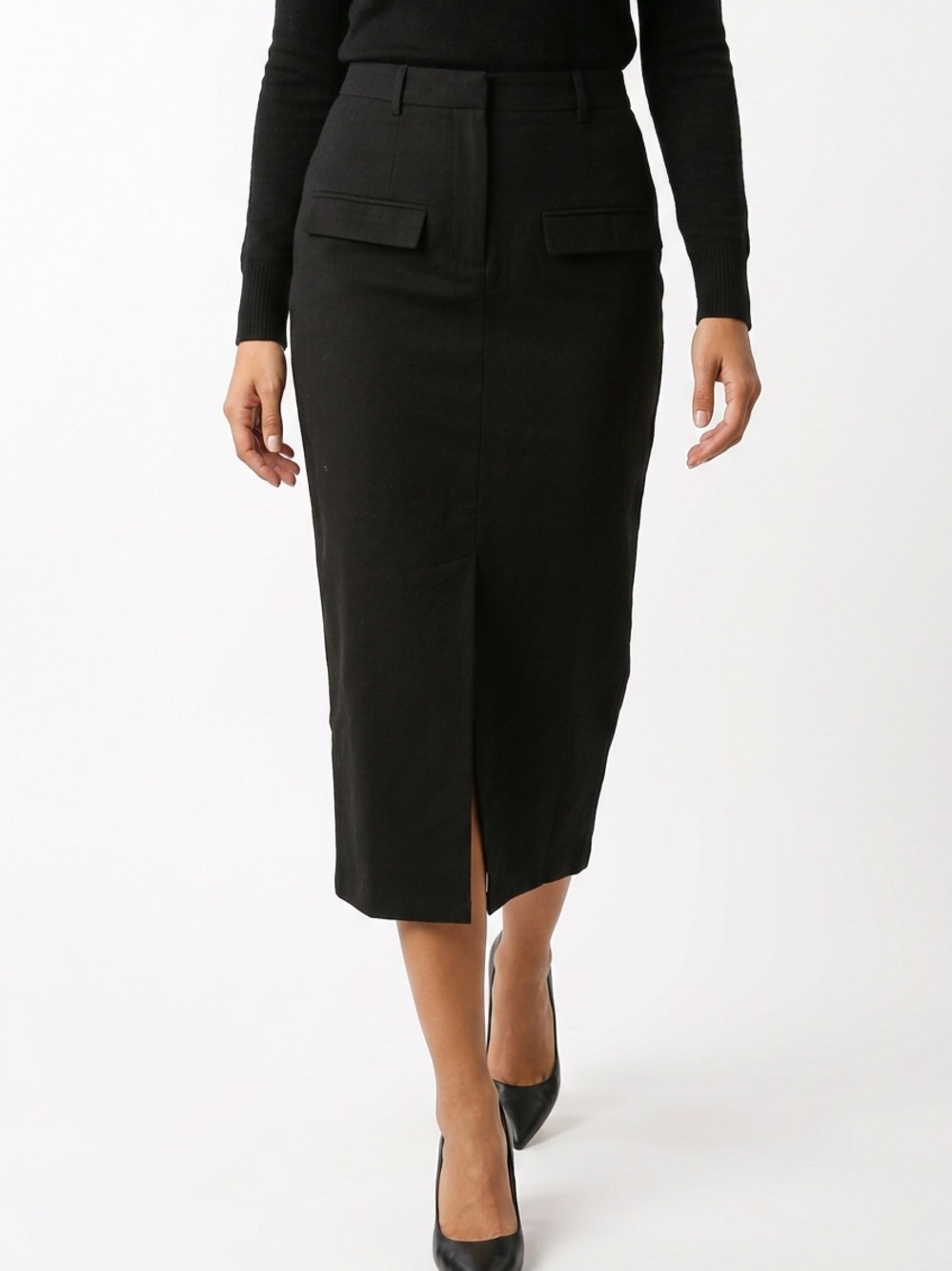 BTFBM | NEW Classic Black Midi Pencil Skirt with Front Slit Women’s Size Medium